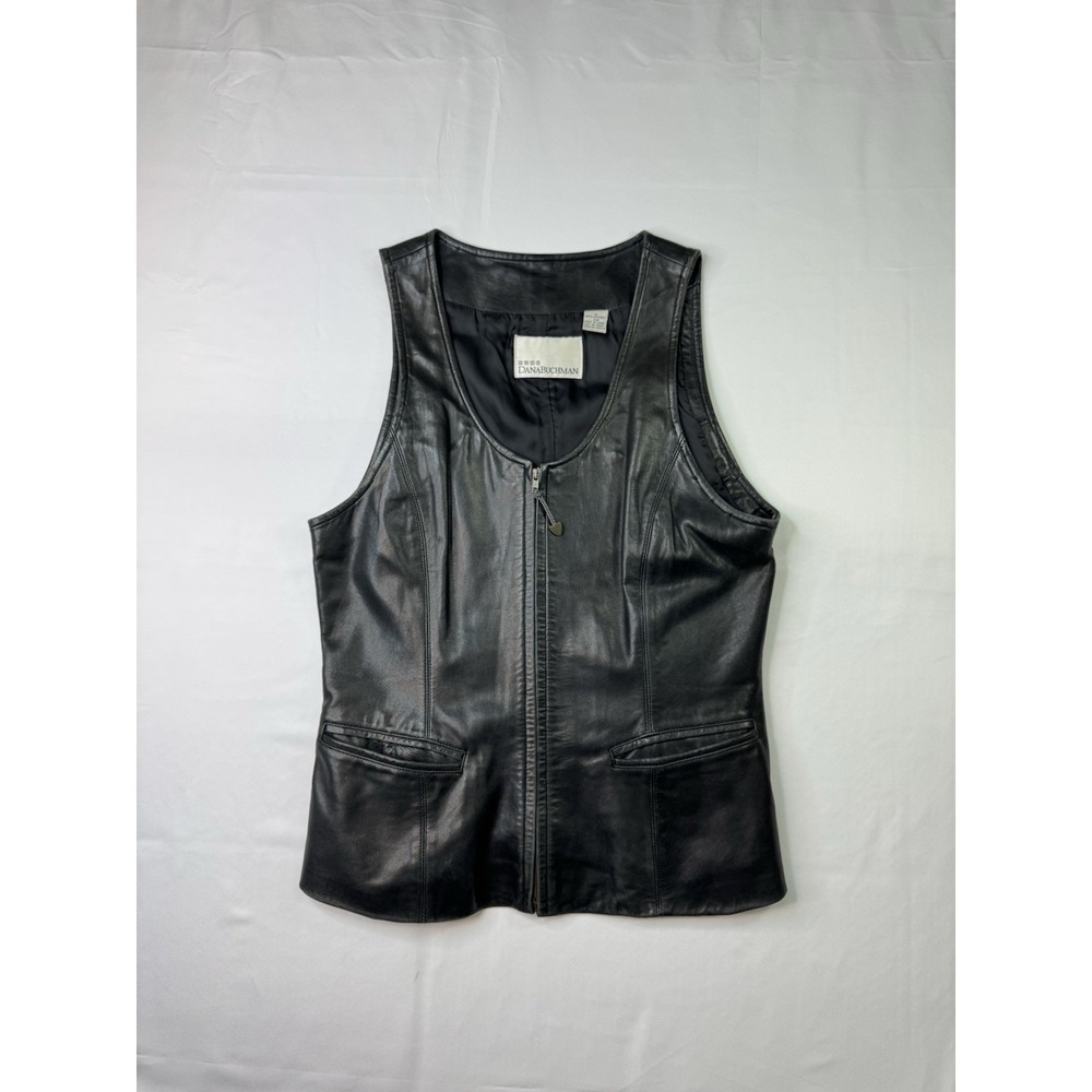 Dana Buchman Womens Size 6 Black Leather Vest Biker Moto Quilted Career Baddie